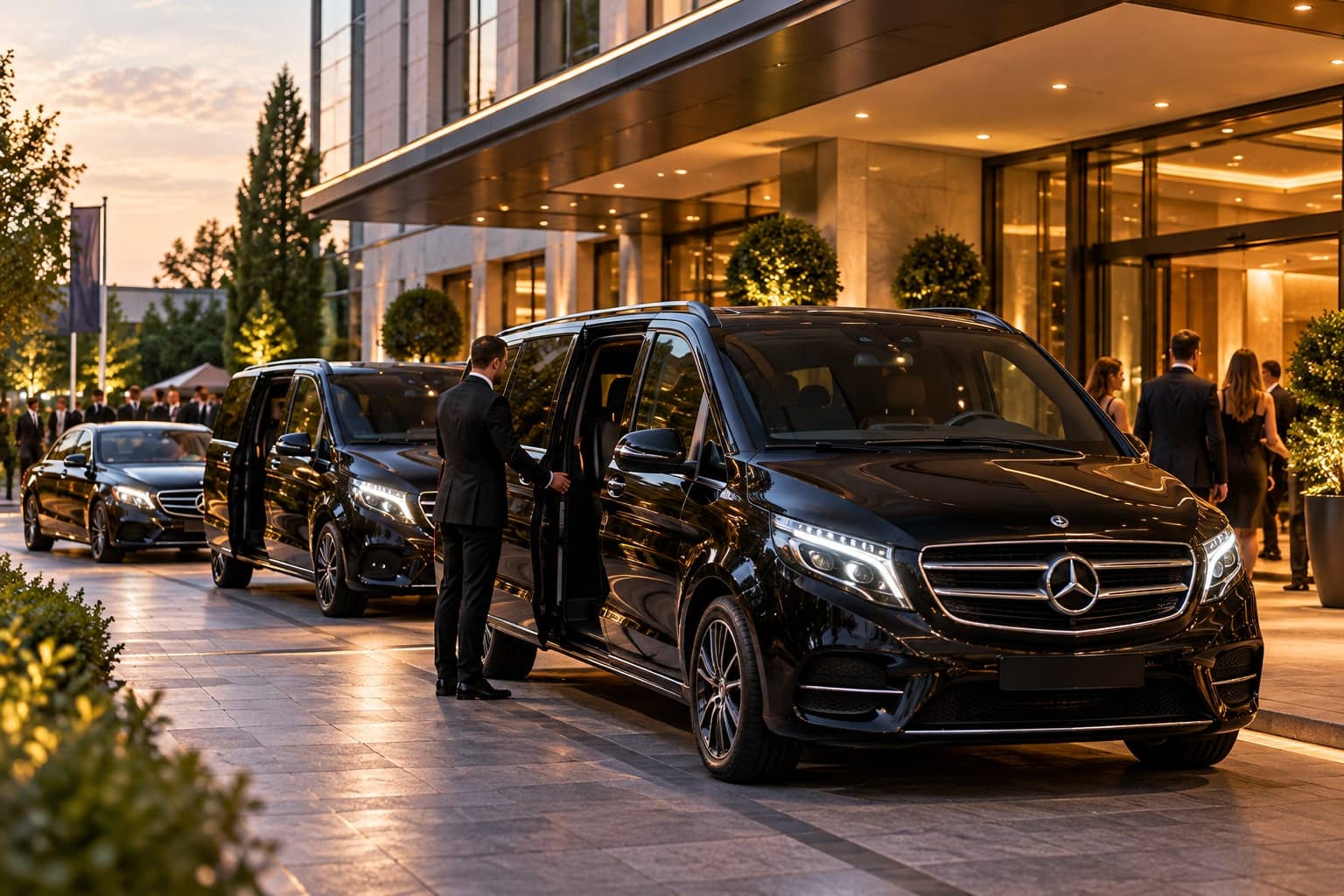 Črni vozili Mercedes-Benz V-Class in voznik ob odprtih vratih pred hotelom ob sončnem zahodu
