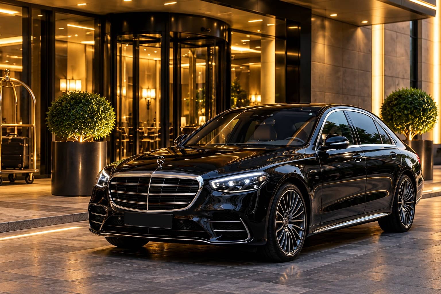 Črn Mercedes-Benz S-Class pred osvetljenim vhodom hotela ponoči