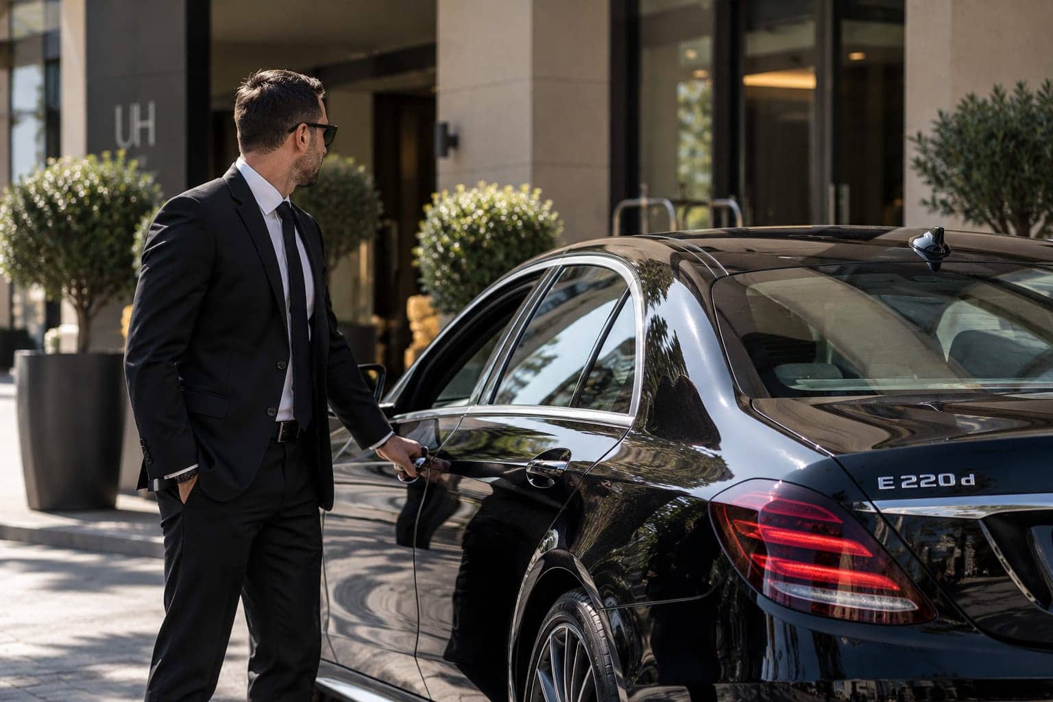 Voznik v temni obleki ob zadnjih vratih črnega vozila Mercedes-Benz pred hotelom